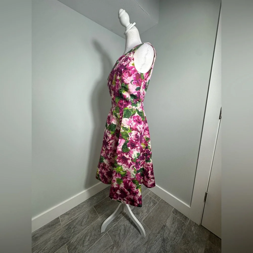 Oscar de la Renta Silk Floral Party Poplin Fit & Flare  Cocktail Midi Dress Sz 8 - Picture 4 of 16